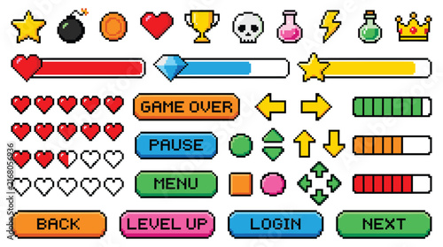 Retro video game themed element pack, pixel style, hearts, health bars, interface buttons, icons, potions, and rewards