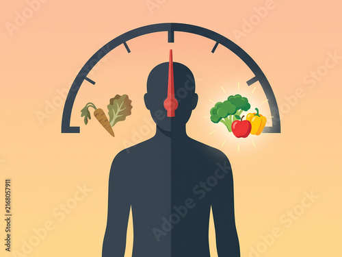 Human silhouette with a fuel gauge showing healthy food as energy