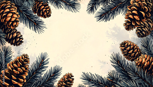 Watercolor illustration of a festive border with evergreen pine branches and natural pine cones, ideal for winter holiday cards and Christmas greetings