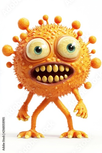 A cute, orange, 3 d cartoon virus monster with big eyes and a wide mouth