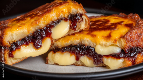 Crispy grilled cheese sandwich with melting cheese and dark berry jam melted cheese crispy bread