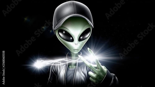 Alien character holding peace sign with bright lights in a dark background