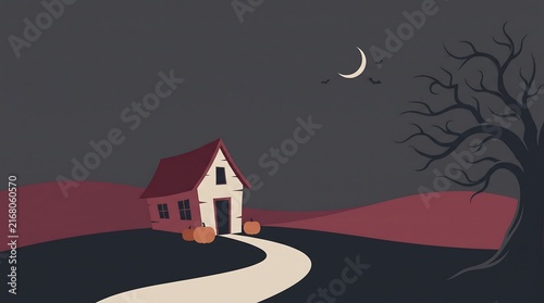 Spooky pixel art halloween landscape with haunted house path crescent moon and bare tree night landscape dark night digital illustration vector graphic holiday background autumn season darkness