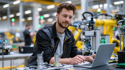 Engineer working on laptop with robotic arms in a modern factory setting during day