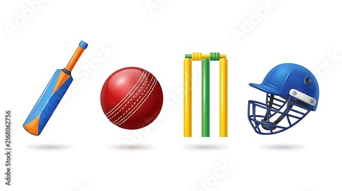 3D cricket equipment set including bat and helmet.