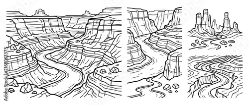 Stylized Canyon Landscapes with Rivers, Line Art