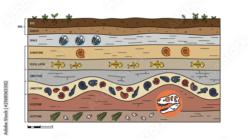 Stratigraphy Layers with Fossils and Dinosaur Skull Illustration