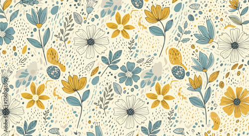 Retro hand drawn colorful flower pattern design