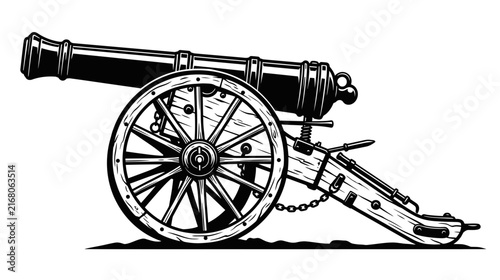 Vintage Cannon on Wooden Wheels Isolated