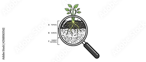 Plant roots and soil layers magnified under a lens