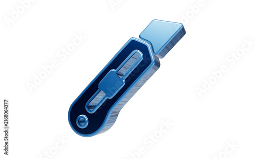 Sharp Utility Knife: A sleek, metallic utility knife with a blue handle is showcased in a 3D render, highlighting its sharp blade and ergonomic design.