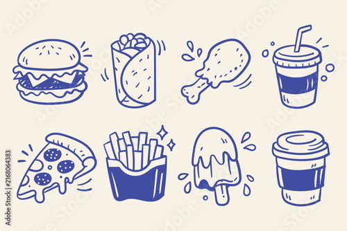 Hand Drawn Fast Food Icons Set Burger Pizza Fries and Drinks