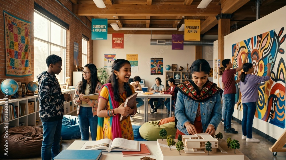 Obraz premium Estudiantes diversos colaboran en un aula creativa y multicultural celebrando el aprendizaje, el arte y el Mes de la Herencia Hispana.
