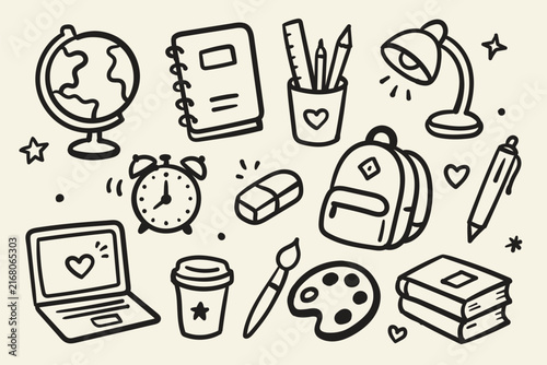 Hand Drawn School Supplies and Stationery Doodle Collection with Notebook, Books, Backpack, Pencil, Art Tools, Laptop, Globe and Educational Elements