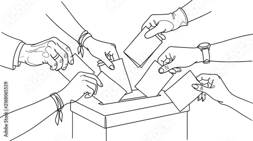 Bild auf Leinwand People hands casting ballots into a voting box, election day concept line art illustration