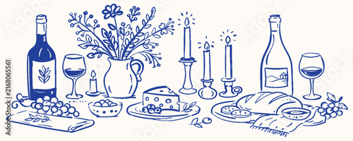 Romantic dining table doodle set with wine and candles for luxury event invitations and dinner decor.