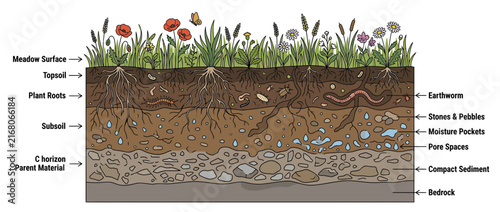 Bild auf Leinwand Cross-section of soil layers with plant roots and meadow life