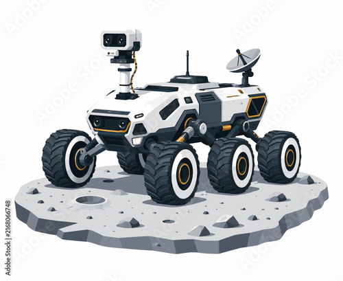 Futuristic space rover vehicle exploring the lunar surface of the moon with scientific equipment