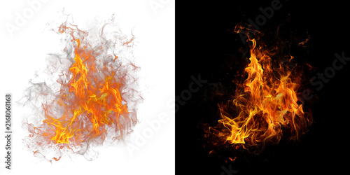 Fotografía isolated red orange yellow fire flame explosion burning on dark black and transparent background for visual effects, design element, overlay, or compositing