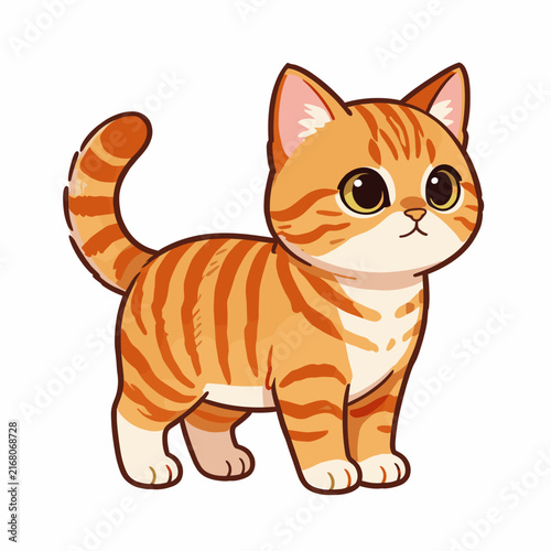 Cute Cartoon Orange Tabby Cat Standing on White Background