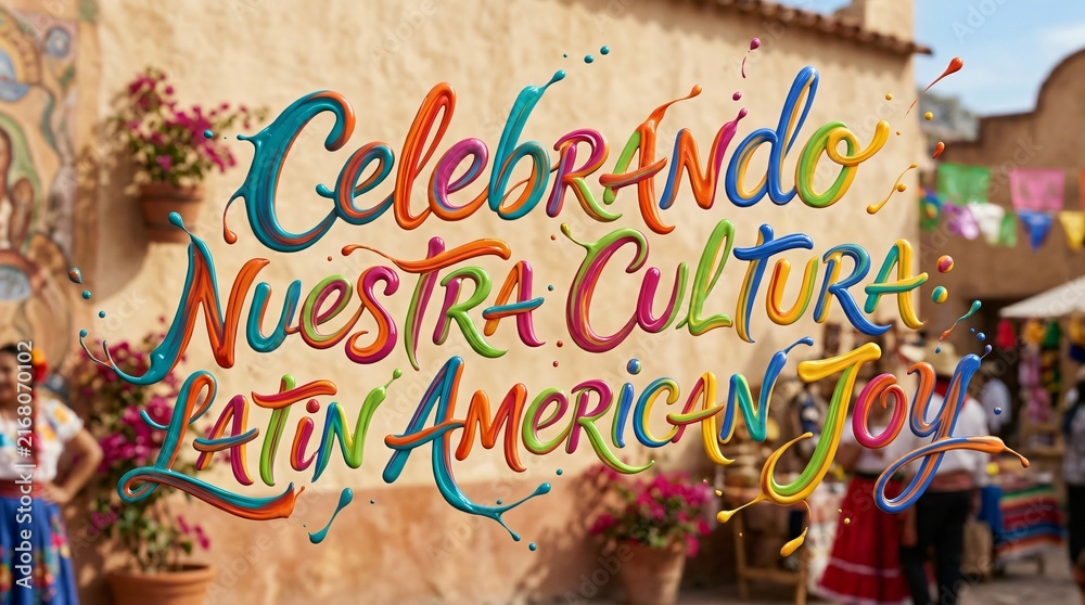 Fototapeta premium Texto colorido 3D Celebrando Nuestra Cultura para el Mes de la Herencia Hispana, con fondo festivo de pueblo tradicional.