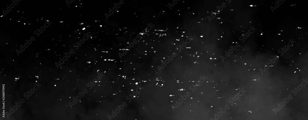 Naklejka premium Panoramic particles effect dust debris isolated on black background, motion powder spray burst texture. Texture overlays.