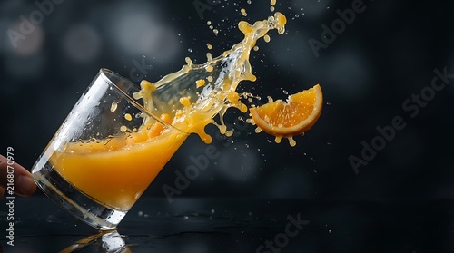 Orange Juice Splash Flying Slice Glass