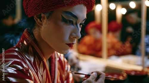 Obraz na płótnie Kabuki actor with dramatic makeup and red attire during backstage preparation