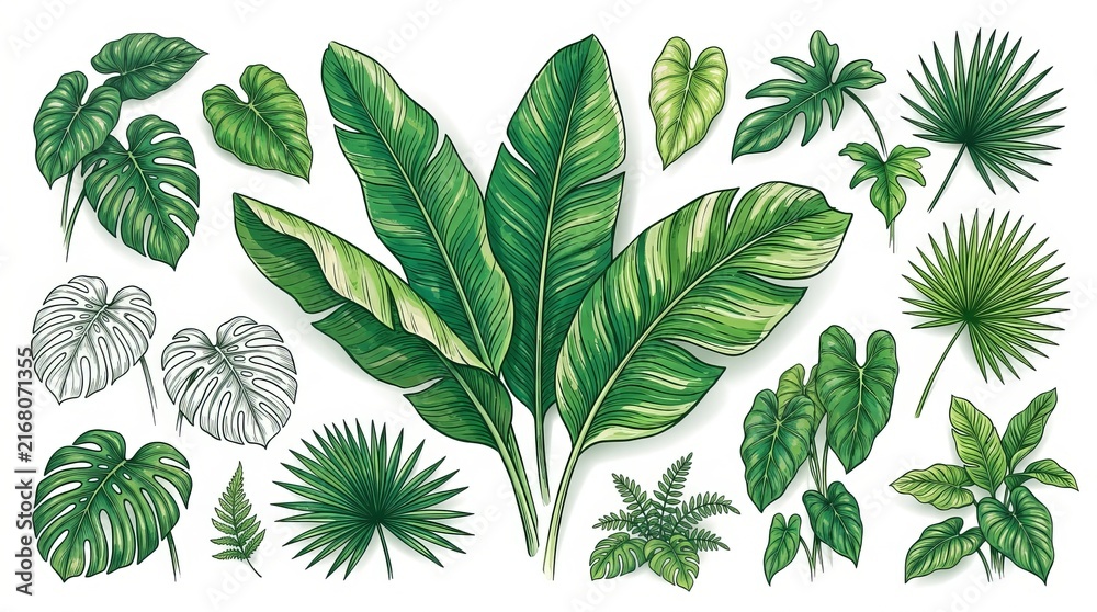 Naklejka premium Tropical Green Leaf Collection Botanical Illustration.