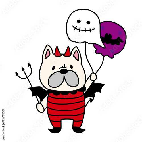 悪魔の仮装をしてハロウィンの風船を持っているフレンチブルドッグ