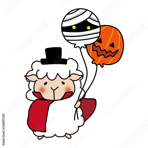 ドラキュラの仮装をしてハロウィンの風船を持っている羊