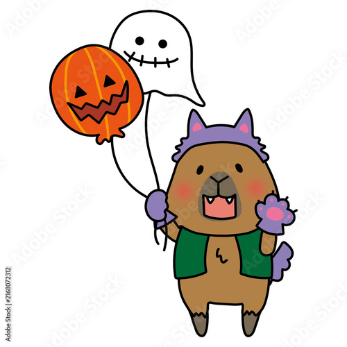 狼男の仮装をしてハロウィンの風船を持っているカピバラ