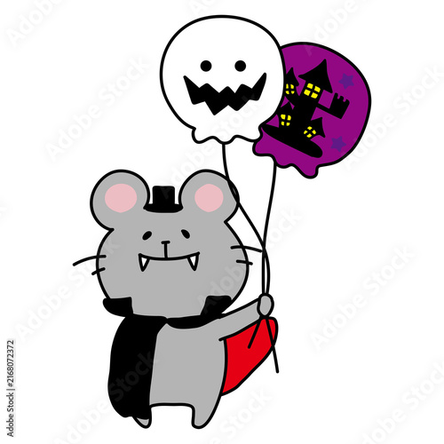 ドラキュラの仮装をしてハロウィンの風船を持っているねずみ