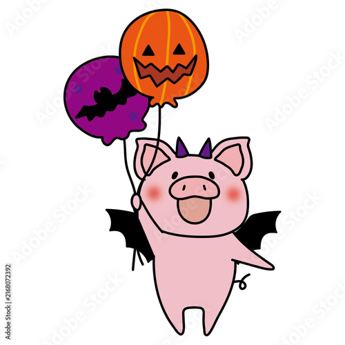 コウモリの仮装をしてハロウィンの風船を持っているぶた