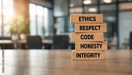 Ethical Business Practices And Core Values Concept With Wooden Blocks. This Image Represents The Importance Of Ethics, Respect, Code, Honesty, And Integrity In The Workplace