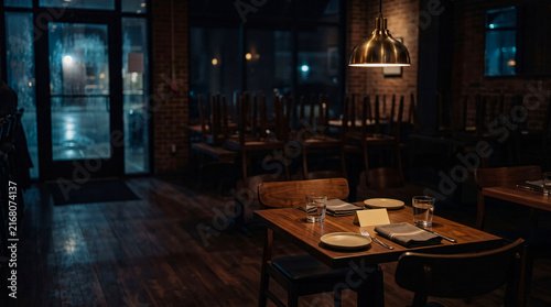Empty restaurant dining room with wooden tables and warm pendant lighting