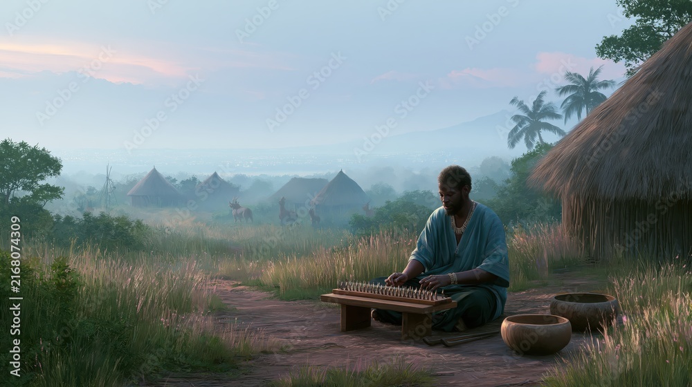 Fototapeta premium Man playing a kora instrument in a rural African village during a misty sunrise with thatched huts and distant mountains