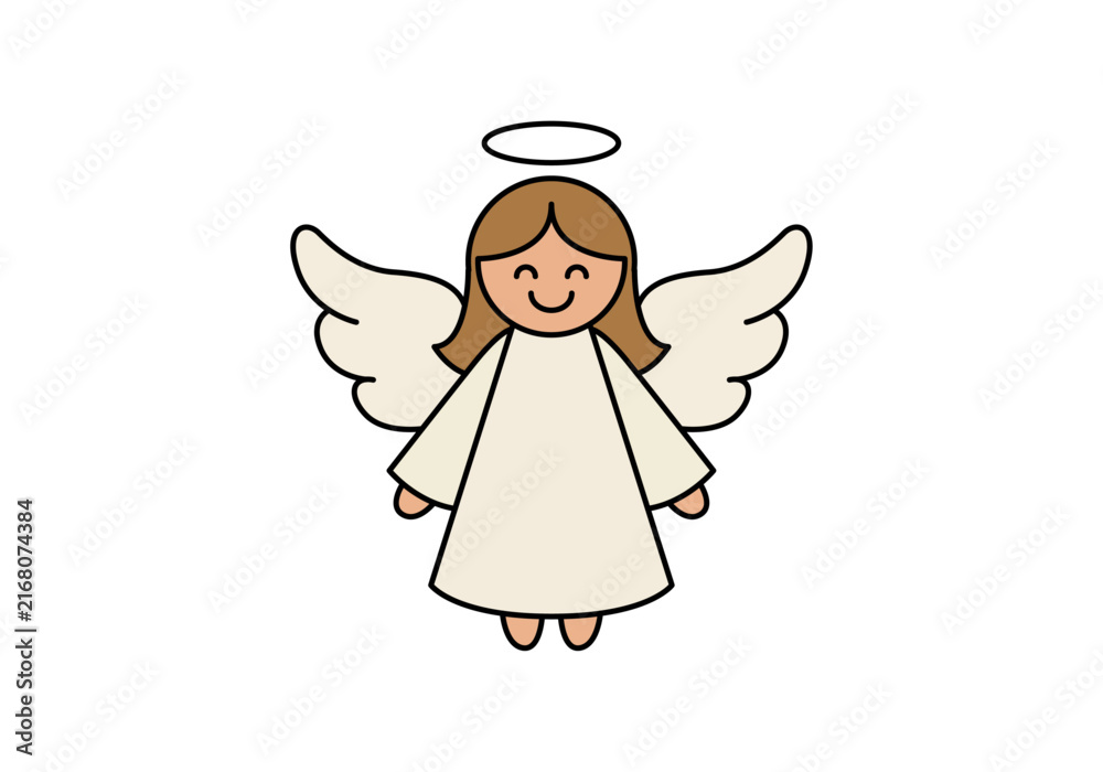 Fototapeta premium Ángel sonriente con alas y aureola sobre fondo blanco