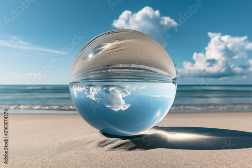 Transparent crystal ball on a sandy beach