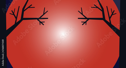 Bild auf Leinwand Silueta de árboles secos frente a un gran círculo rojo brillante en la oscuridad