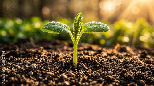 Young Green Plant Seedling Sprouting from Fertile Dark Soil in Golden Morning Sunlight