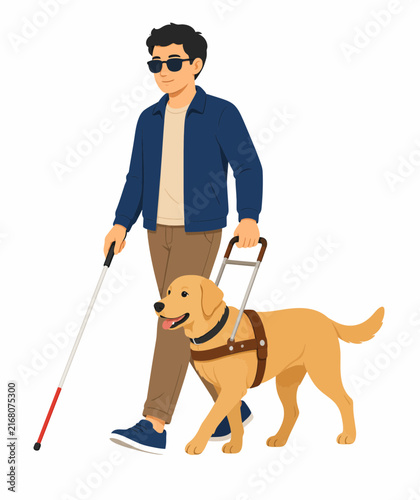 Blind Man Walking With Guide Dog