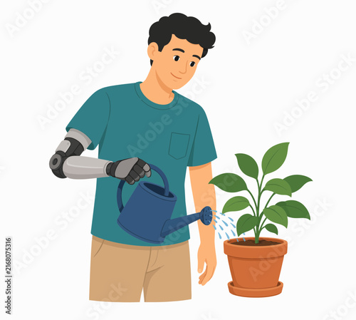 Man With Prosthetic Arm Watering Plant