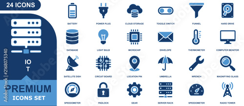 Io t and data center set featuring server infrastructure and networking symbols in blue style