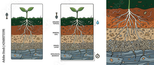 Illustration of plant roots growing through soil layers