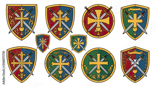 Set of Heraldic Shields with Swords and Chalices