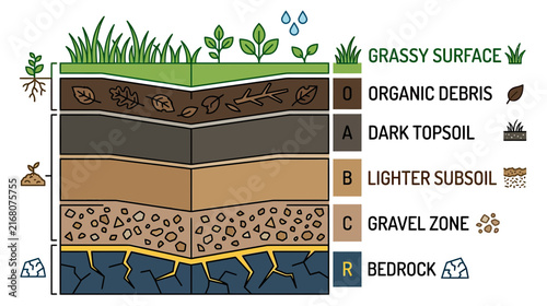 Soil Layer Cross-Section Diagram with Plants and Rain