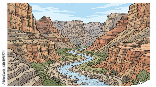 Stylized Canyon Landscape with Winding River and Cliffs