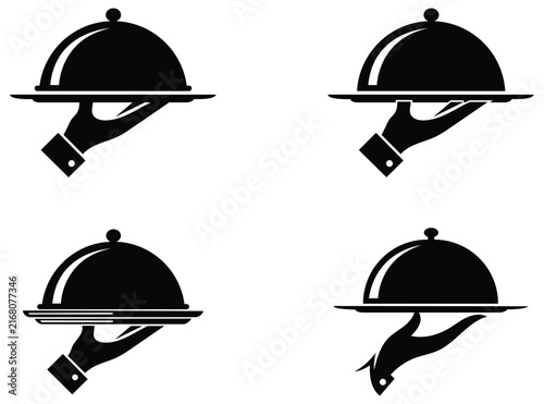 Hand holding food serving tray cloche icon set