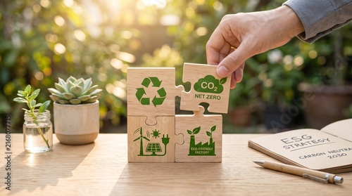 ESG sustainability concept with recycled materials and carbon symbols representing environmental responsibility and green business strategy